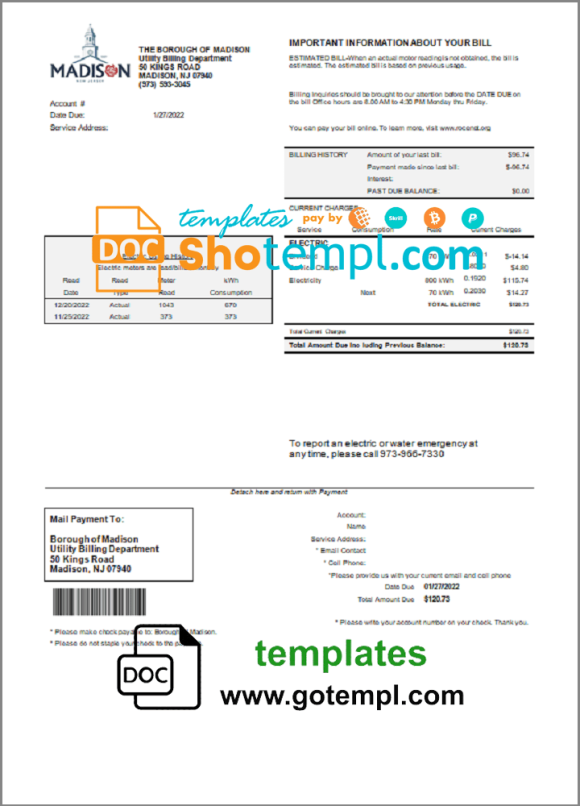 USA New Jersey The Borough of Madison utility bill download example in Word and PDF format