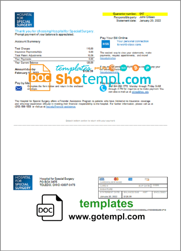 USA Ohio Hospital For Special Surgery utility bill download example in Word and PDF format