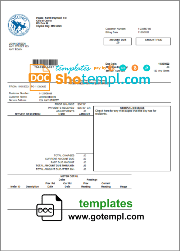 USA Nevada Orono The Lakehore City utility bill download example in Word and PDF format