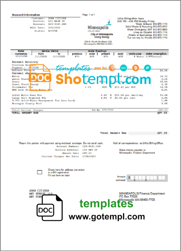 USA Minnesota Minneapolis City of Lakes utility bill download example in Word and PDF format