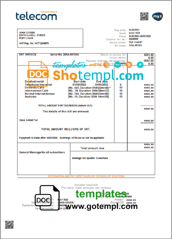 Mauritius Telecom Mauritius utility bill download example in Word and PDF format