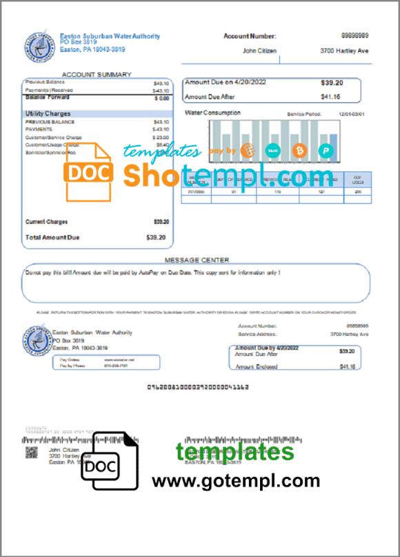 USA Eastern Suburban Water Authority utility bill download example in Word and PDF format