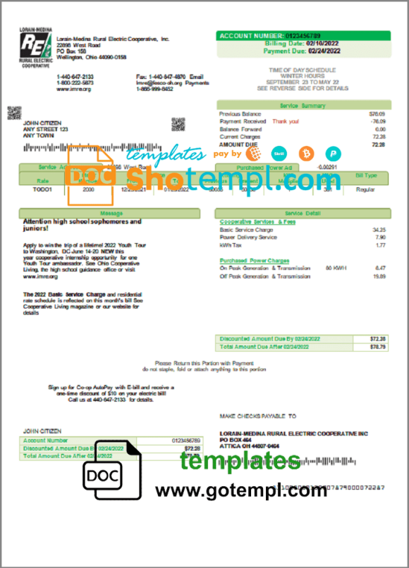 USA Ohio Lorain-Medina Rural Electric utility bill download example in Word and PDF format