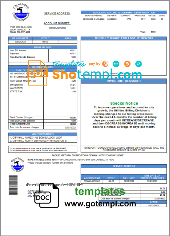 USA Texas City of Laredo Utilities Department water utility bill download example in Word and PDF format