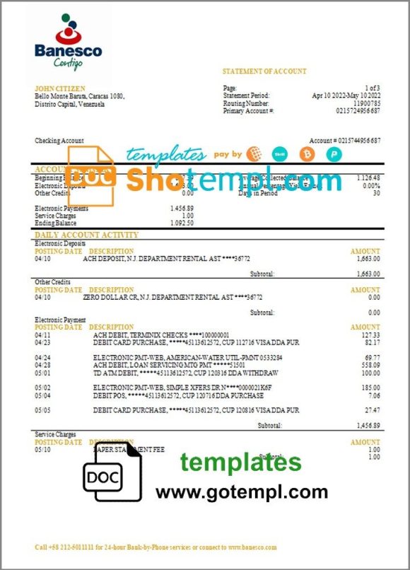 Venezuela Banesco bank statement 3 - 6 months example in Word and PDF format