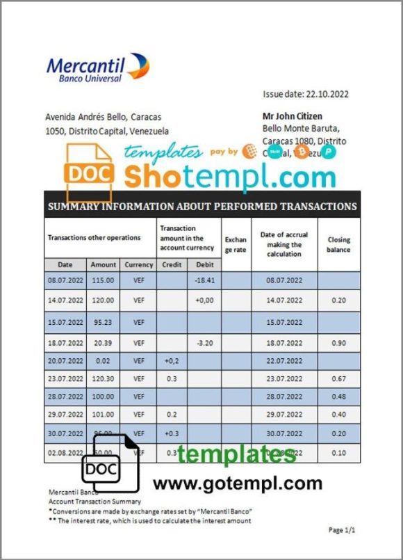 Venezuela Mercantil bank statement 3 - 6 months example in Word and PDF format