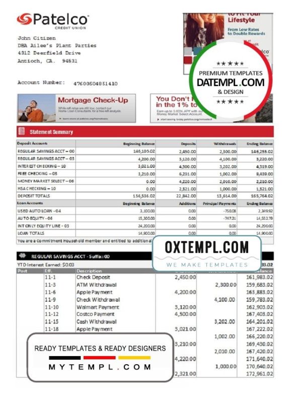 USA California Patelco Credit Union bank statement 3 - 6 months example in Word and PDF format