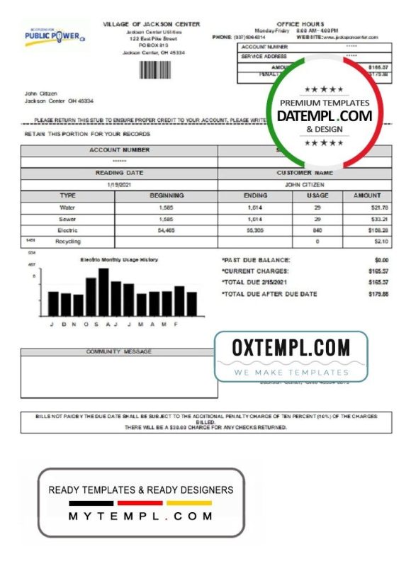 USA Ohio Village of Jackson Center Public Power utility bill download example in Word and PDF format
