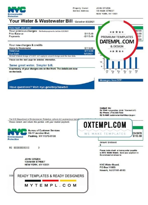 USA The New York City Department of Environmental Protection (DEP) utility bill download example in Word and PDF format