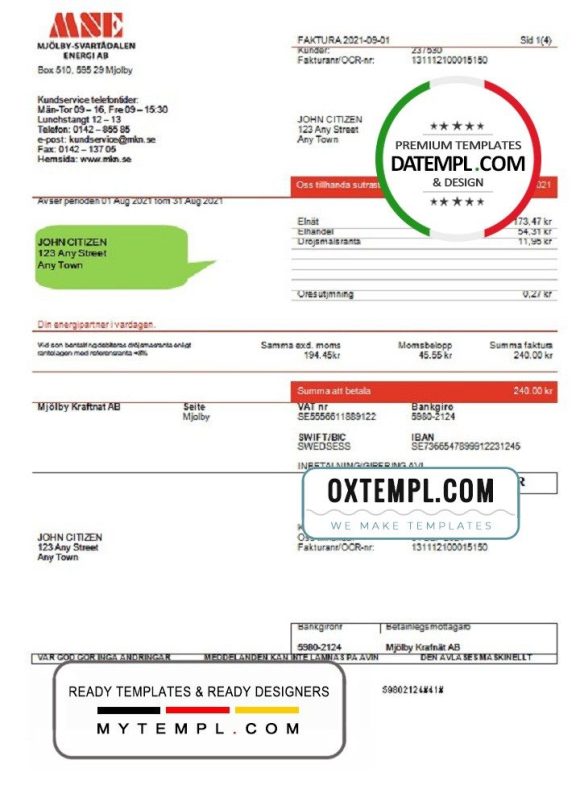 Swedish Mjölby Kraftnat AB utility bill download example in .doc and .pdf format