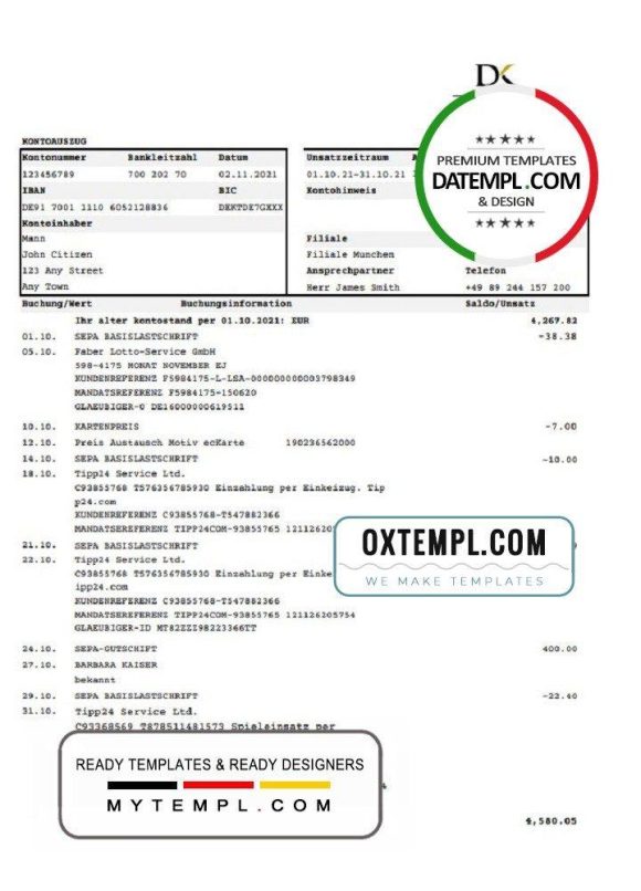 German Deutsche Handelsbank AG bank statement 3 - 6 months example in .xls and .pdf format