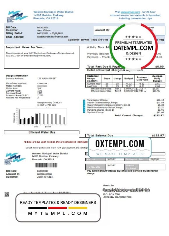 USA Western Municipal Water District utility bill download example in Word and PDF format