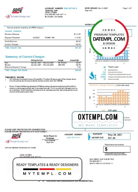 USA California San Diego Gas & Electric (SDG&E) utility bill download example in Word and PDF format