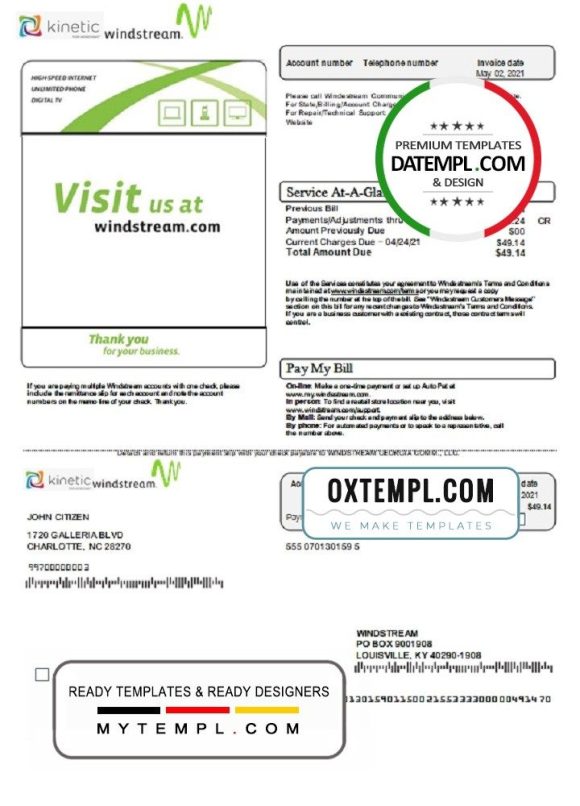 USA Windstream Holdings, Inc. utility bill download example in Word and PDF format
