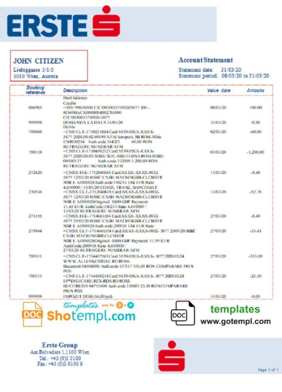 Austrian Erste Group bank statement 3 - 6 months example in Word and PDf format