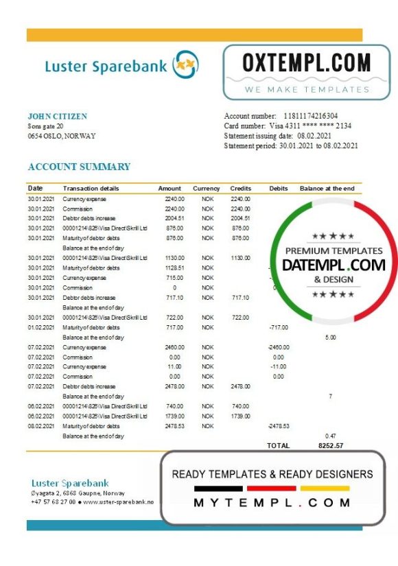 Norwegian Luster Sparebank bank statement 3 - 6 months easy to fill example in Excel and PDF format