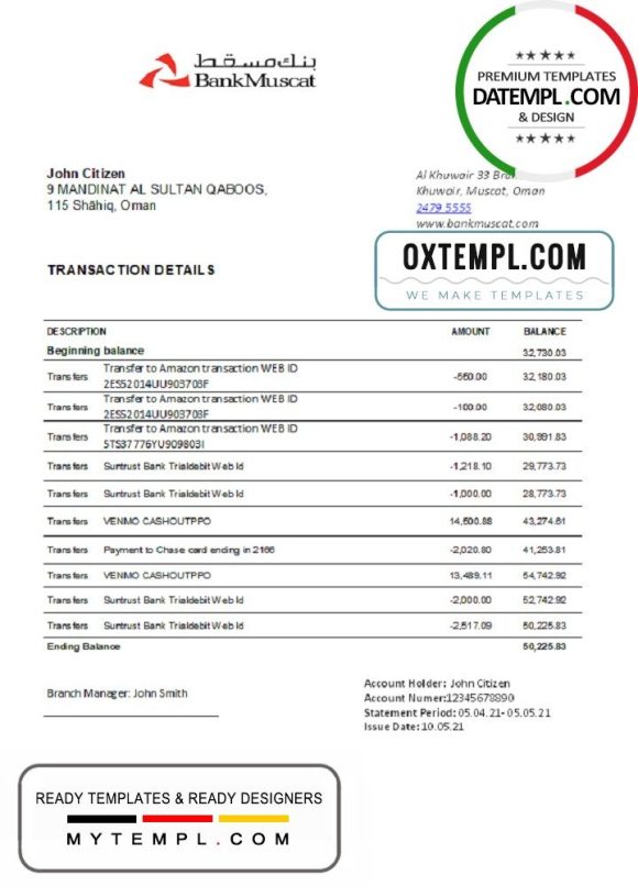 Omani Bank Muscat bank statement 3 - 6 months easy to fill example in .xls and .pdf file format