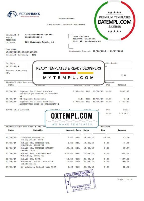 Moldovan Victoriabank proof of address statement example in Word and PDF format