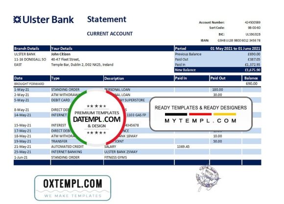 Republic of Irish Ulster Bank statement easy to fill example in Excel and PDF format