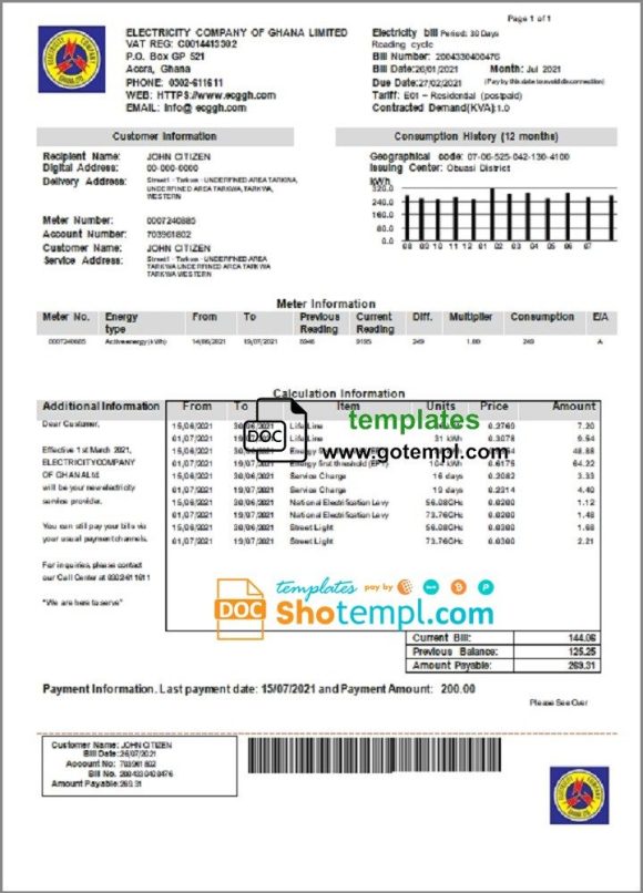 Ghanaian Electricity Company of Ghanaian utility bill download example in Word and PDF format