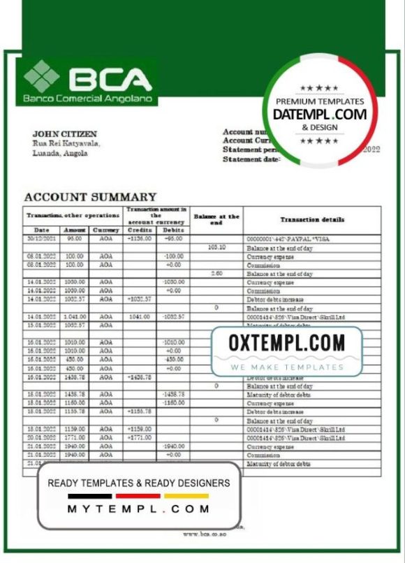 Angolan Banco Comercial Angolanno bank statement 3 - 6 months example in Word and PDF format
