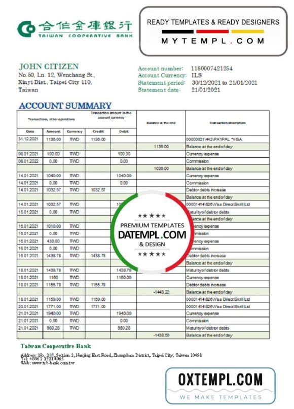 Taiwan Cooperative Bank statement easy to fill example in Excel and PDF format
