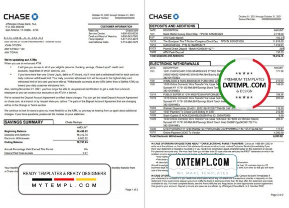 USA JP Morgan Chase bank statement 3 - 6 months example in .xls and .pdf file format, 2 pages