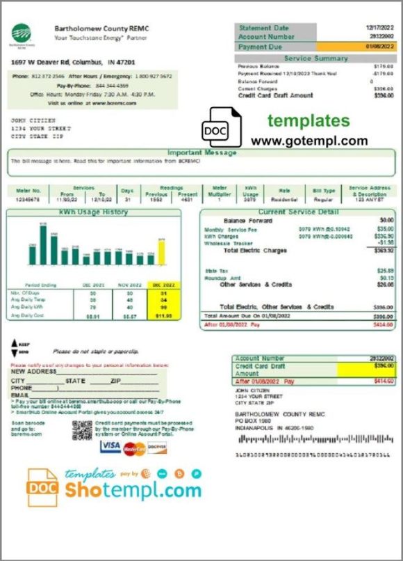 USA Indiana Bartholomew County REMC utility bill download example in Word and PDF format