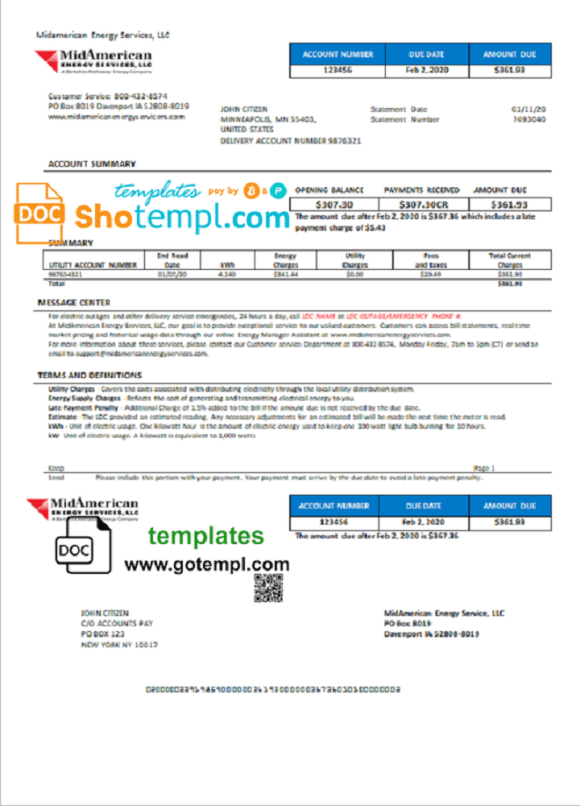 USA Iowa MidAmerican Energy Services utility bill download example in Word and PDF format