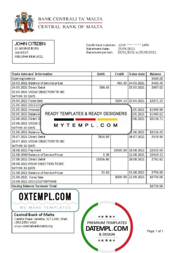 Maltese Central Bank of Maltese bank statement 3 - 6 months easy to fill example in Excel and PDF format