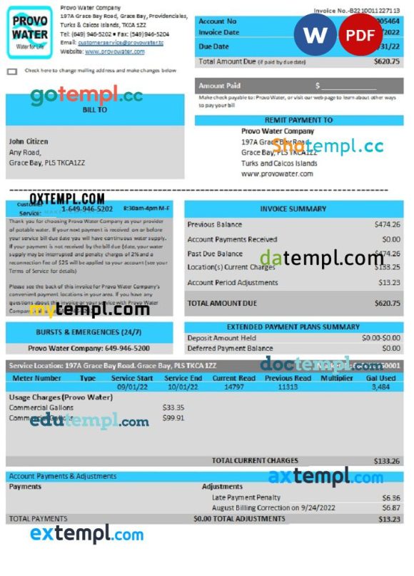 United Kingdom Turks and Caicos Islands Provo Water Company utility bill download Word and PDF example