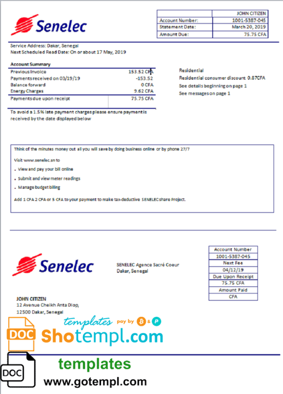 Senegalese Senelec Agence Sacré Coeur Company electricity utility bill download example in Word and PDF format