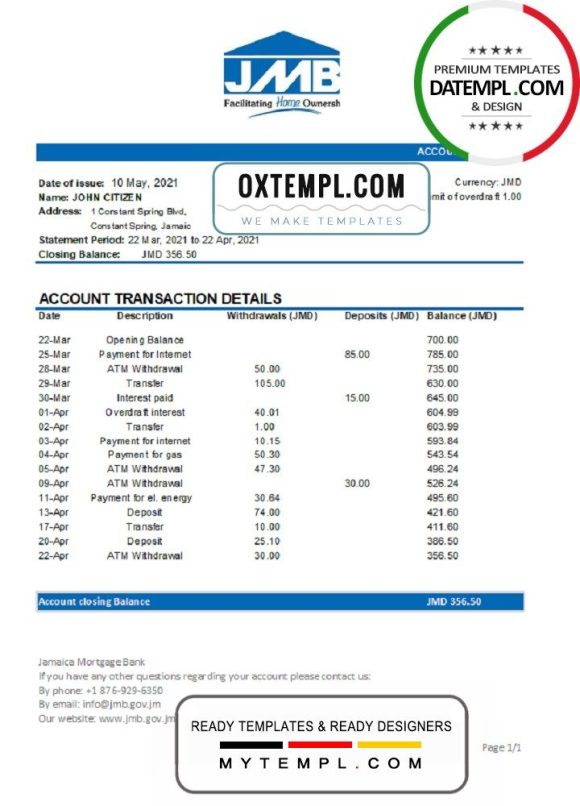Jamaican Mortgage Bank statement easy to fill example in Excel and PDF format