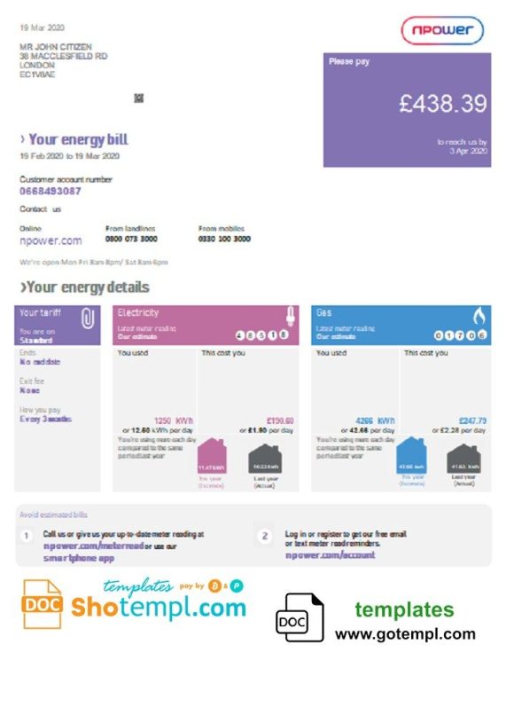 United Kingdom Npower utility bill download example in Word and PDF format