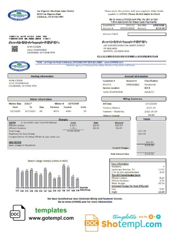 USA California Las Virgenes Municipal Water District utility bill download example in Word and PDF format