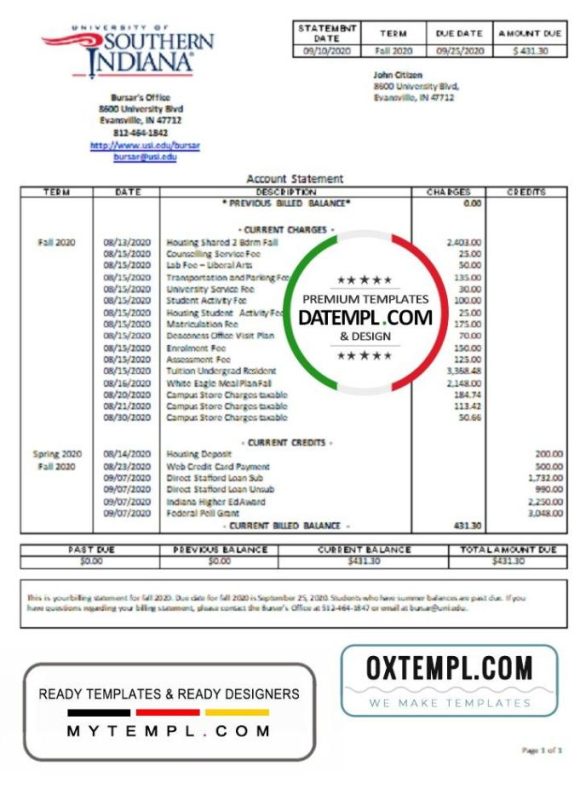 USA University of Southern Indianna account billing statement example in Word and PDF format