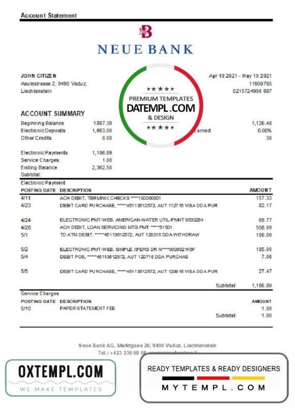 Liechtensteiner Neue Bank AG bank statement 3 - 6 months easy to fill example in .xls and .pdf file format