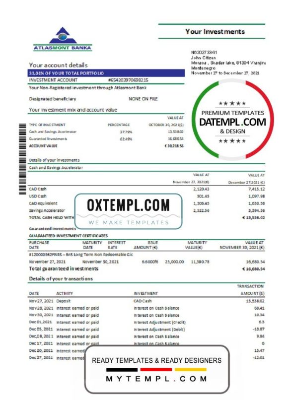 Montenegrin Atlasmont Bank statement example, Excel and PDF format (.xls and .pdf)