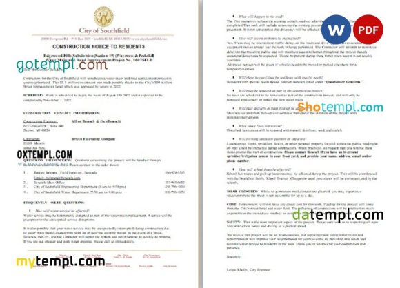 USA Michigan City of Southfield utility water and construction shut off notice, Word and PDF example, 3 pages