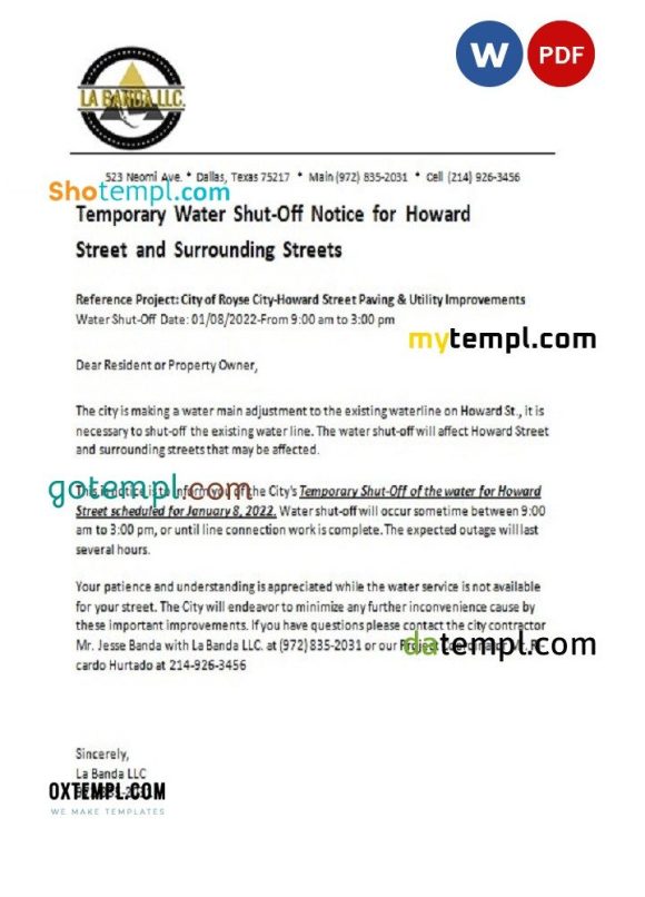 USA Texas La Banda utility water shut off notice, Word and PDF example