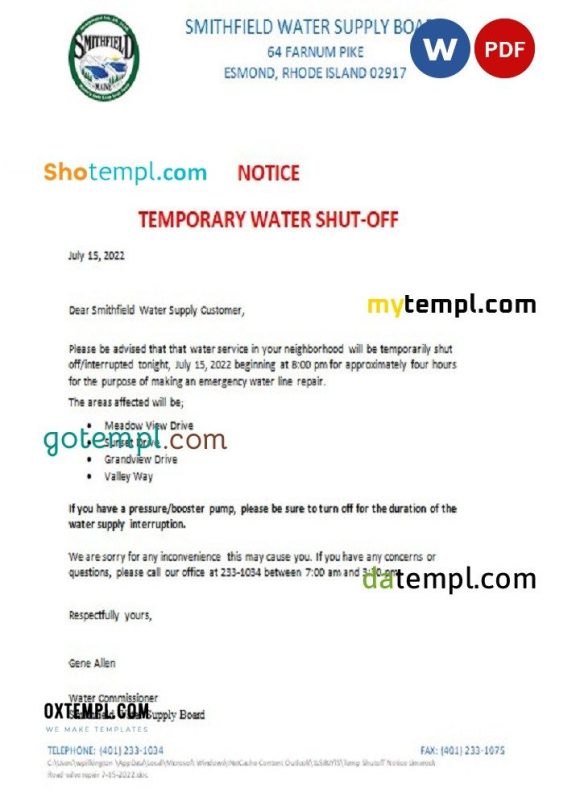 USA Rhode Island Smithfield water supply board water shut off notice, Word and PDF example