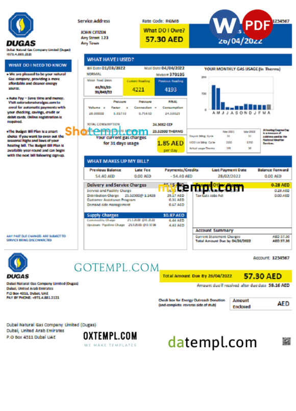 UAE Dubai Natural Gas Company Limited (Dugas) utility bill download example in Word and PDF format