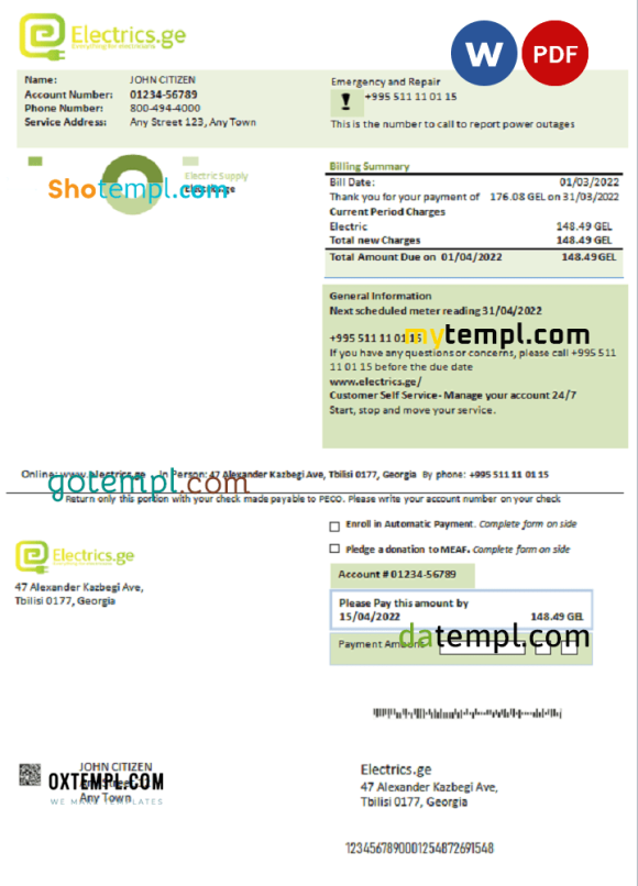 Georgian Electrics.ge electricity bill example in Word and PDF format