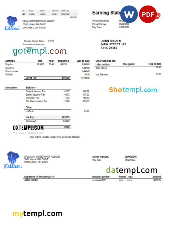 USA Ohio Kalahari Waterpark Resort utility bill download example in Word and PDF format