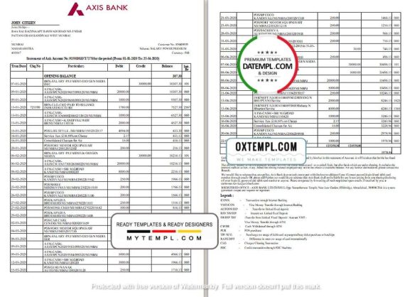Indian Axis Bank statement example in Word and PDF format (2 pages)