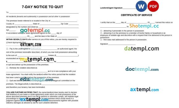 7-Day Eviction Notice to Quit agreement Word example