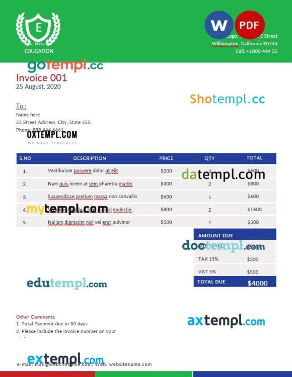 A4 Education Invoice example in word and pdf format