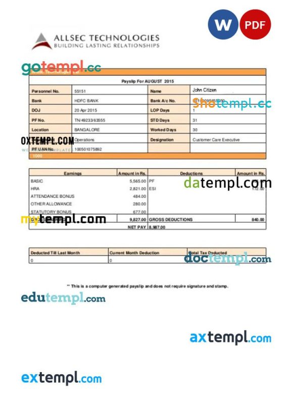 ALLSEC Building technologies payslip pay stub example in Word and PDF formats