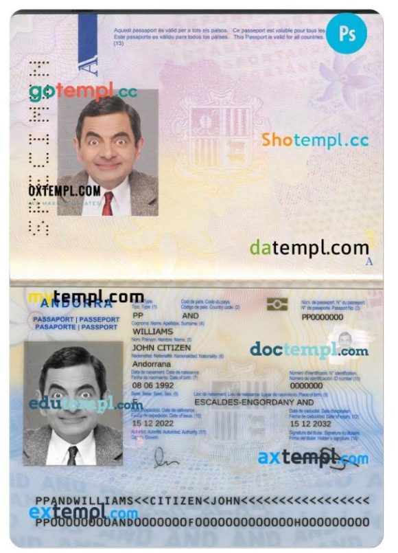Andorran passport example in PSD format