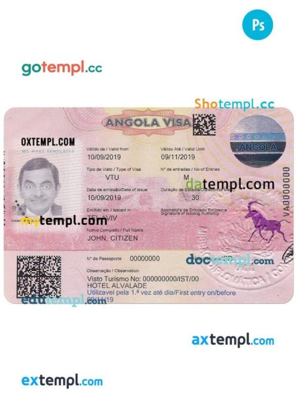 Angolan entry visa PSD example, completely editable, with fonts